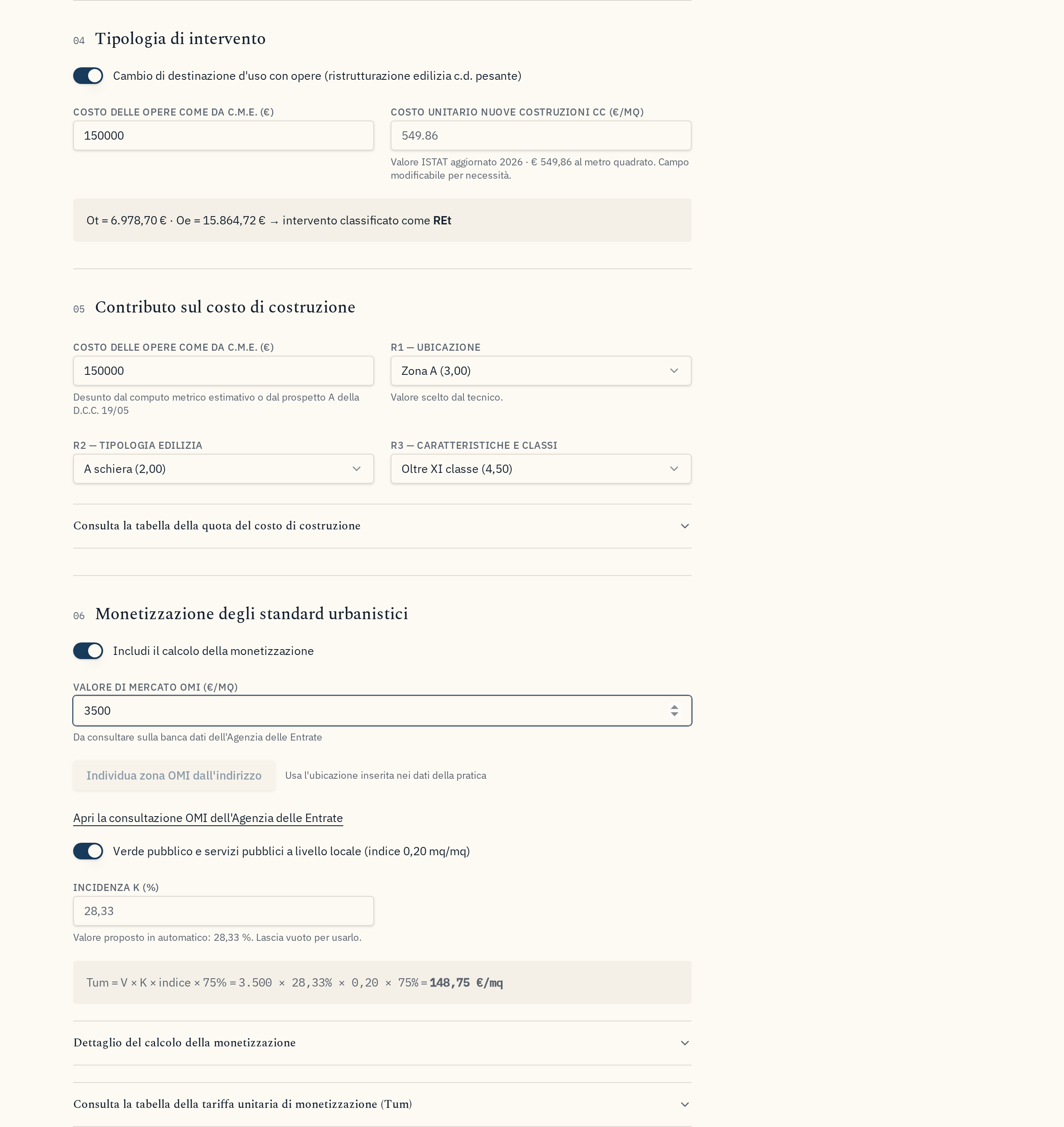 Schermata con contributo sul costo di costruzione e monetizzazione degli standard